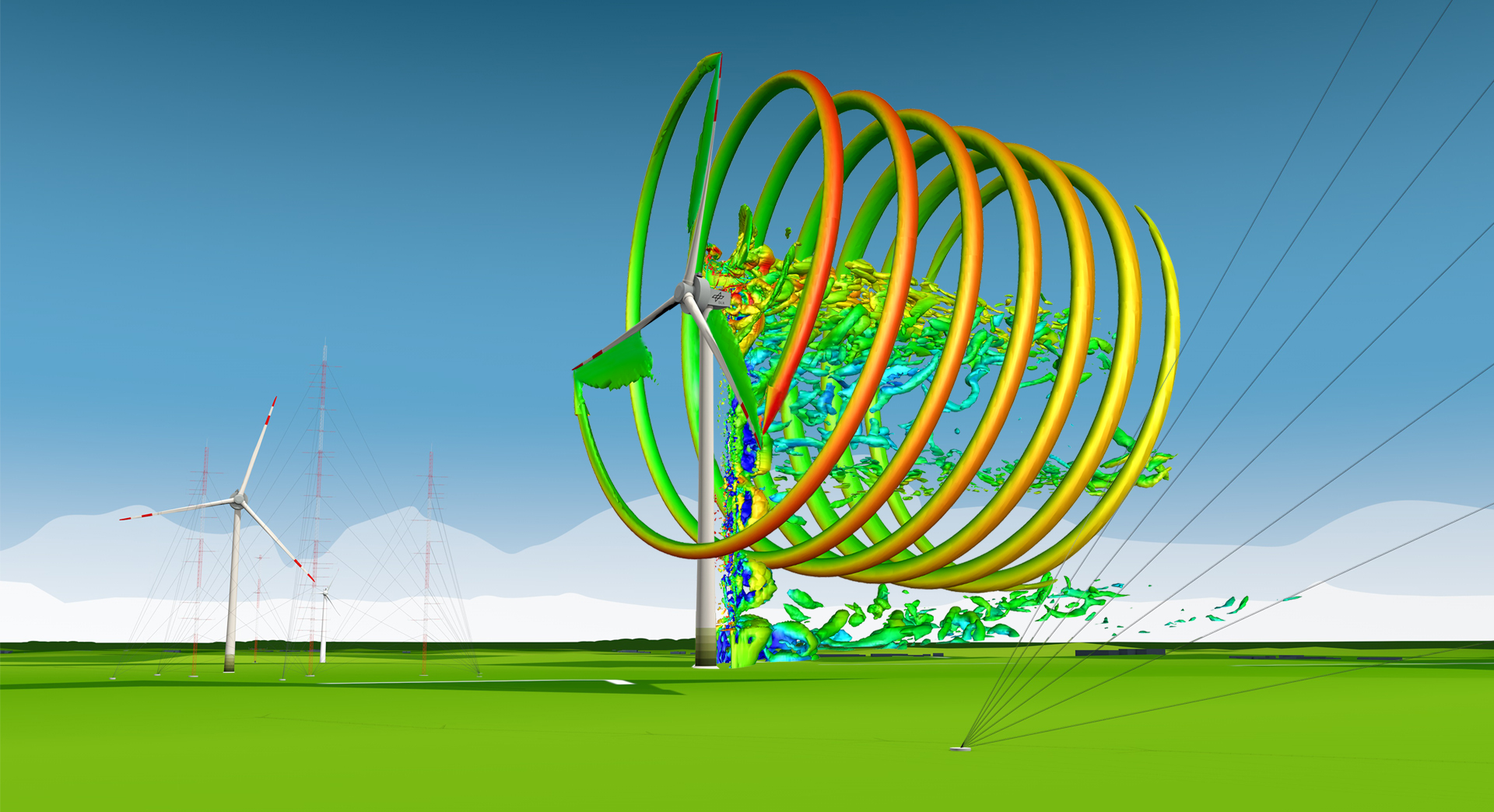 Das Bild zeigt eine Windenergieanlage und ihren turbulenten Nachlauf in 3-D-Ansicht. 